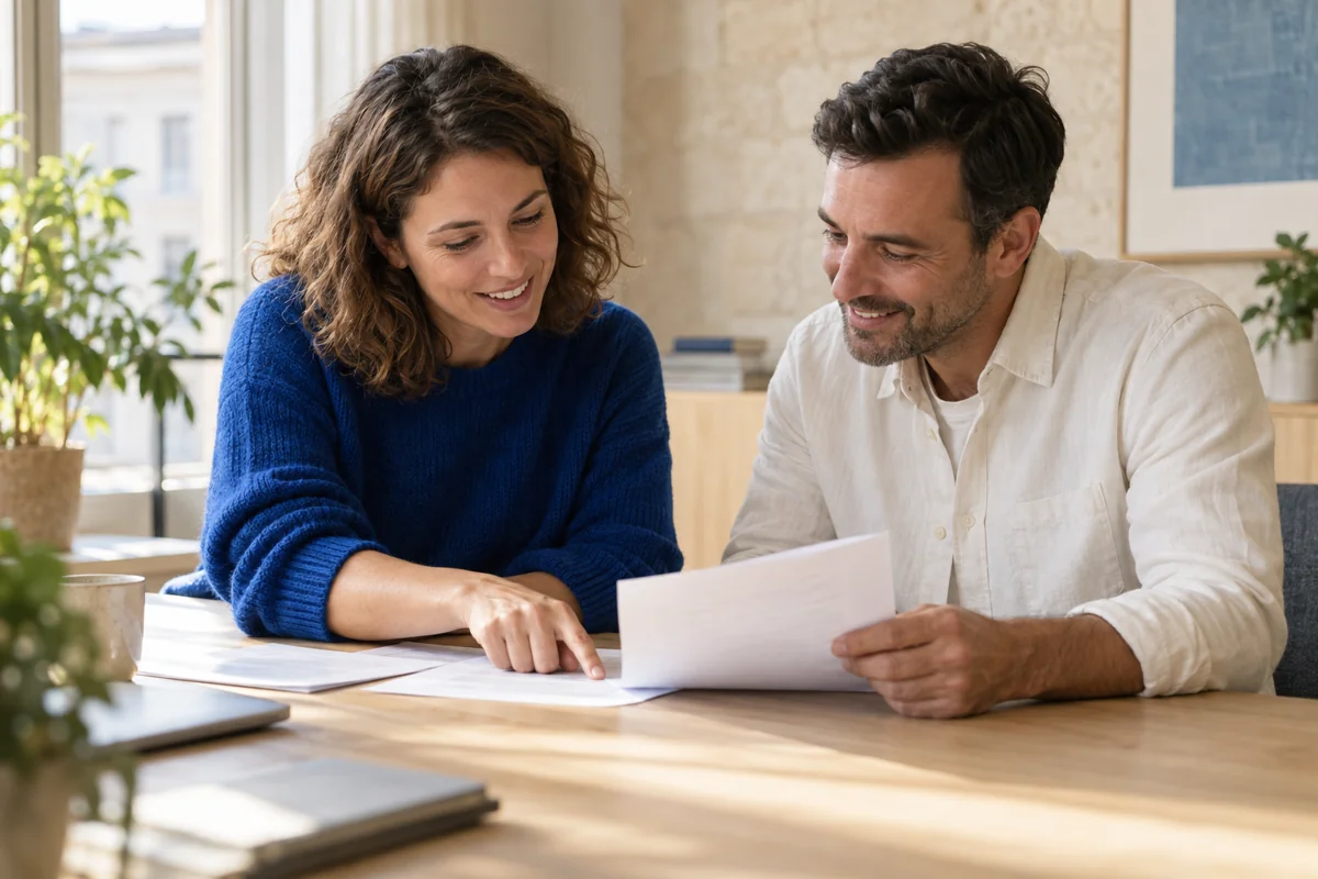 Two colleagues review a document together.
